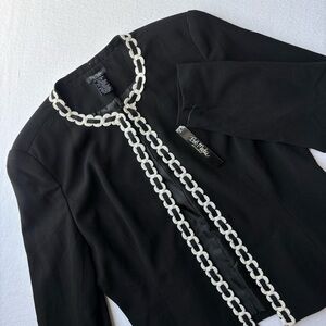 New Bob Mackie Studio Open Blazer Jacket Womens Size 12 Black Ivory Braided Trim